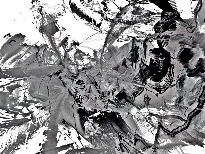 An abstract black and white digital artwork with swirling, fragmented patterns and high contrast.