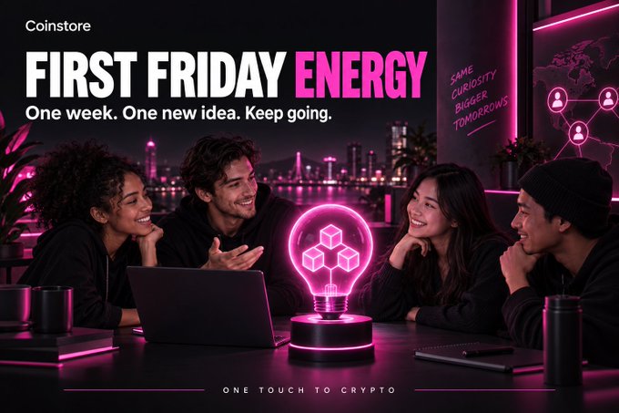 A cryptocurrency promotional banner titled 'FIRST FRIDAY ENERGY - One week. One new idea. Keep going.' by Coinstore, showing four young people around a glowing pink lightbulb with blockchain symbols.
