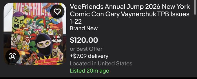 An eBay listing shows 'VeeFriends Annual Jump 2026 New York Comic Con Gary Vaynerchuk TPB Issues 1-22' listed as Brand New for $120.00 or Best Offer plus $7.09 delivery.