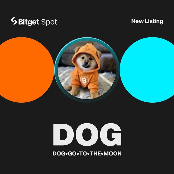A promotional graphic for Bitget Spot featuring a Shiba Inu dog in an orange hoodie in the center, flanked by orange and blue circles, with the text 'New Listing' and 'DOG DOG•GO•TO•THE•MOON' below.