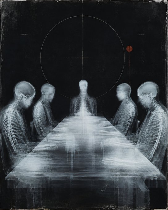 A dark, eerie digital artwork depicting X-ray/translucent skeletal figures seated around a glowing table beneath a large circle and small red dot.