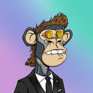A digital illustration of a cartoon monkey character with brown hair, glowing yellow/gold eyes, and metallic cybernetic face features, wearing a black suit and tie against a purple-to-teal gradient background.
