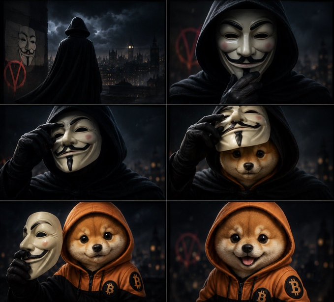 The image features a collage of six photos, each depicting a person wearing an anonymity mask or hoodie with a dog's face peeking out from underneath. The masks are predominantly black and orange, creating a striking contrast against the dark background. The dogs in the images have various colors - brown, white, and black. One of the photos shows a person holding a Bitcoin sign, adding a unique twist to the overall theme.