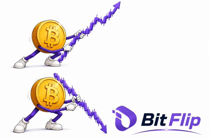Two cartoon Bitcoin coins push a purple price chart in opposite directions—one pushing it upward and the other pushing it downward—alongside the "BitFlip" logo, visually representing the dApp's prediction concept of forecasting whether crypto prices will rise or fall, aligning with the post's tagline "Predict the Move. Master the Market" and hashtags #InterlinkBitFlip #ITL #ITLG.