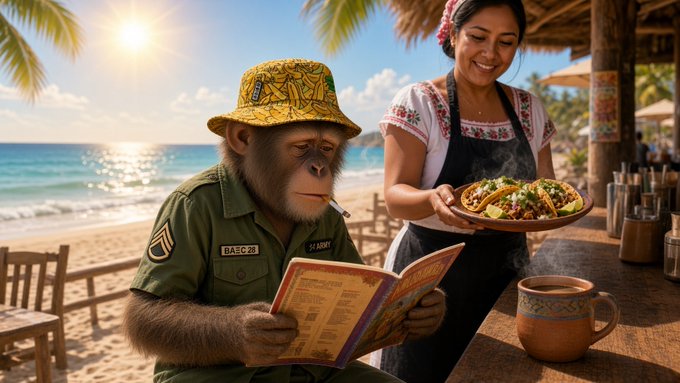 A monkey wearing a yellow patterned hat and green military-style uniform sits reading a menu at a tropical beachside restaurant, while a smiling woman in traditional embroidered clothing serves him a plate of tacos.