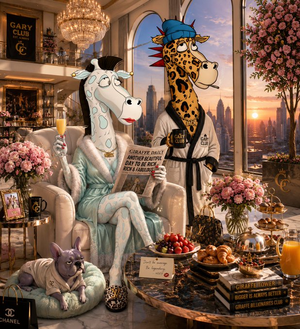 A whimsical illustration of an anthropomorphic giraffe couple lounging in a luxurious penthouse with a city skyline view, featuring 'GARY CLUB' branding, a champagne glass, breakfast spread, and a small French bulldog wearing branded clothing.