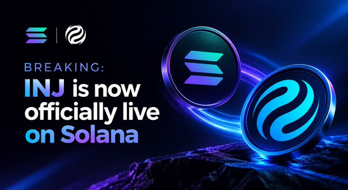 A breaking news graphic announcing 'INJ is now officially live on Solana' featuring the Injective and Solana logos with blue glowing effects.