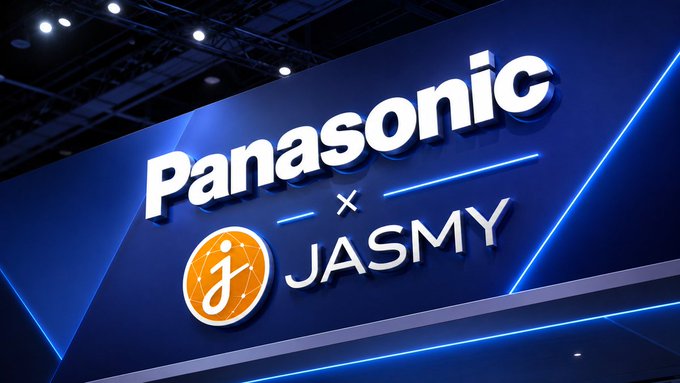 The image features a large sign for Panasonic that reads "Panasonic" and "JASMY", indicating a partnership between the two companies. The sign also displays the words "Personal Data Locker" and "ICYMI". This suggests that the partnership is focused on personal data ownership, privacy, and integration with emerging technologies like Web3.