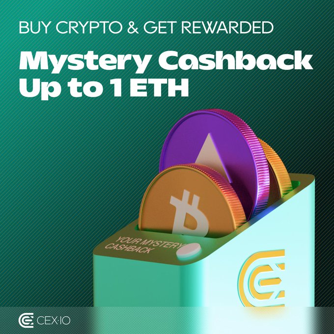 This promotional image from CEX.IO advertises their "Mystery Cashback" campaign, featuring vibrant 3D-rendered crypto coins including Bitcoin, Ethereum, and a third gold coin emerging from a teal box labeled "YOUR MYSTERY CASHBACK." The headline reads "BUY CRYPTO & GET REWARDED - Mystery Cashback Up to 1 ETH," directly corresponding to the post's offer of surprise crypto rewards (BTC, ETH, DOGE, SHIB, PEPE, or FLOKI) on buys made through October 14.