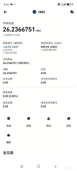 The image shows a Bitget trading wallet displaying 26.2366751 rMU (rNVDA) token holdings valued at approximately 1606 CNY ($224.95), with a USDT cost basis of 890.99 ($6,050.89 CNY). This illustrates the automated margin conversion process where purchasing the rNVDA token simultaneously funds the UTA account to short BTC, enabling the dual long-US-stocks/short-BTC strategy.