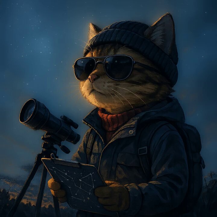The image features a cat wearing sunglasses, a hat, and a backpack with a star map attached to its chest. The cat appears to be looking at something off-camera while holding the star map. The caption of the image reads "Optimal morning vibes secured. $CWIF". This suggests that the cat is likely on an adventure or exploring new territories in the early hours, possibly during sunrise or sunset when the sky has a beautiful palette of colors.