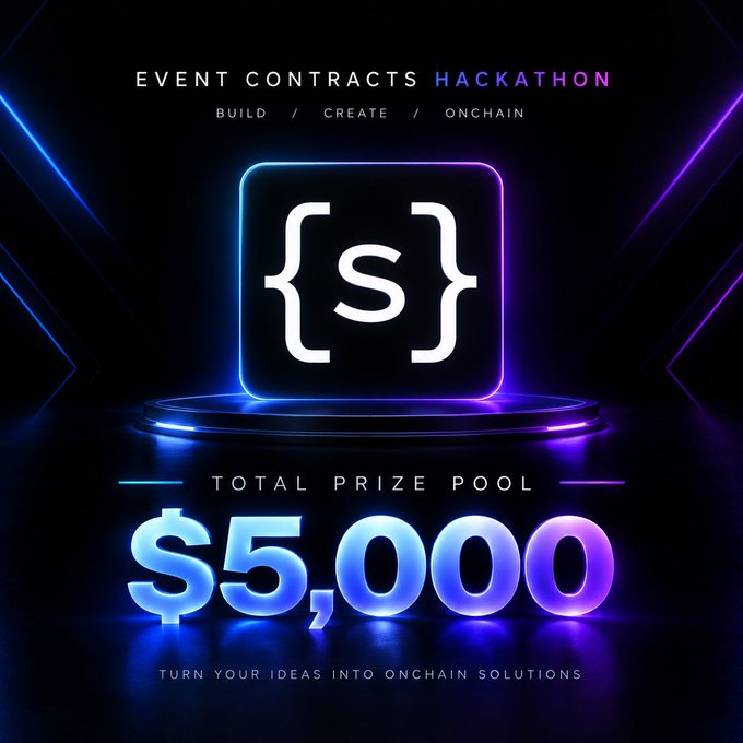 A promotional graphic for an 'EVENT CONTRACTS HACKATHON' featuring a glowing neon 'S' bracket logo and a '$5,000' total prize pool.