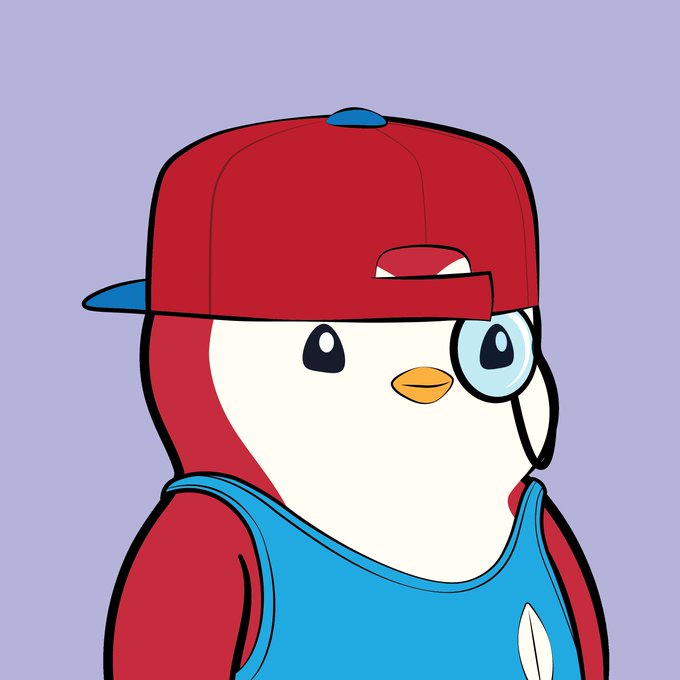 A cartoon illustration of a penguin wearing a red baseball cap, blue shirt, and a monocle against a light purple background.