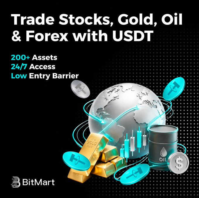 The image is a BitMart promotional graphic featuring the headline "Trade Stocks, Gold, Oil & Forex with USDT" alongside bullet points highlighting "200+ Assets, 24/7 Access, Low Entry Barrier." It showcases a globe surrounded by gold bars, an oil barrel, candlestick charts, and floating USDT tokens, visually reinforcing the caption's message that anyone with USDT can easily access traditional assets like Apple, Tesla, and gold without needing a conventional brokerage.
