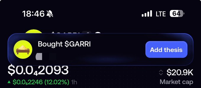 A phone screen displays a crypto tracking app showing a notification "Bought $GARRI" with a market cap of $20.9K and price of $0.042093, which has gained 12.02% in the last hour—supporting the post's call to action about buying $GARRI by highlighting a recent purchase and notable price increase.