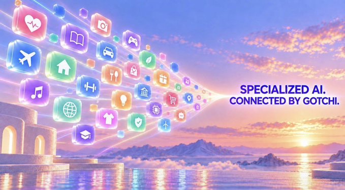 A promotional graphic featuring various colorful app icons flowing toward a sunset seascape, with the text 'SPECIALIZED AI. CONNECTED BY GOTCHi.'