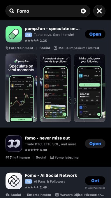 This image shows an App Store search results page for "Fomo," where the top result is an ad for **pump.fun** ("Speculate on…") with the tagline "Taste pays. Scroll to win!" — which directly illustrates the post's claim that pump.fun is running ads on App Store searches for "Fomo."