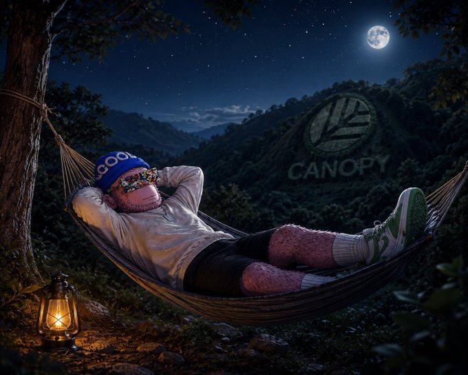 An illustrated nighttime scene featuring a person wearing a "cool" beanie and colorful sleep mask relaxing in a hammock by lantern light, with a Canopy logo on the mountain in the background.