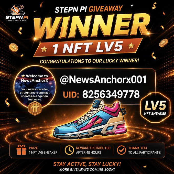A promotional "Winner Announcement" graphic for a STEPN PI giveaway, featuring a colorful LV5 NFT Sneaker and announcing **@NewsAnchorx001** (UID: 8256349778) as the winner of 1 NFT Sneaker LV5, matching the accompanying post with details on prize distribution after 48 hours and a teaser for upcoming giveaways.