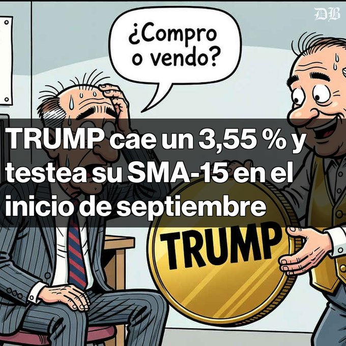 A cartoon-style financial graphic showing a stressed businessman asking '¿Compro o vendo?' (Do I buy or sell?) while holding a gold 'TRUMP' coin, with text overlay reading 'TRUMP cae un 3,55 % y testea su SMA-15 en el inicio de septiembre'.