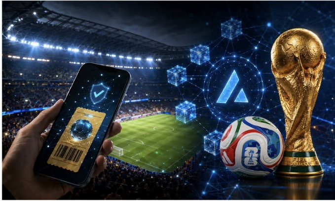 The image features a person holding up their phone, which displays an app or ticket for attending a soccer game. The phone screen shows a picture of a soccer stadium with a trophy, as well as a soccer ball and a block chain logo.