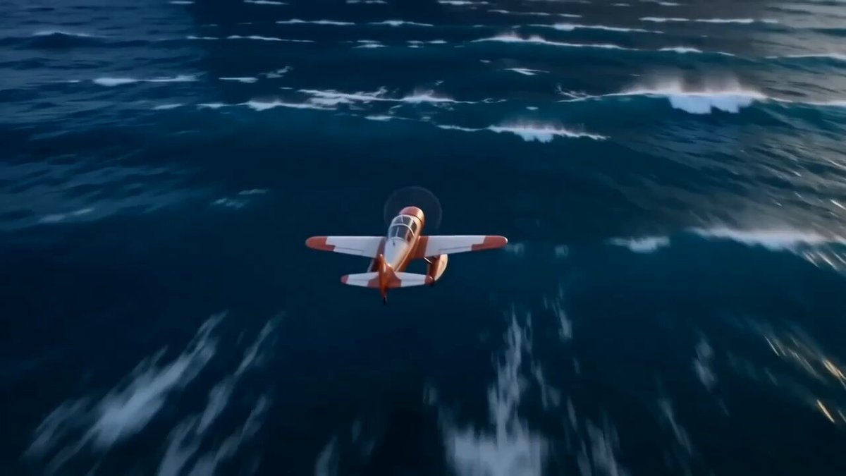 The image features a small airplane flying over a body of water with waves below. The plane appears to be white and red, possibly an old-fashioned biplane. The scene captures the essence of freedom and adventure as the airplane soars through the sky above the ocean.