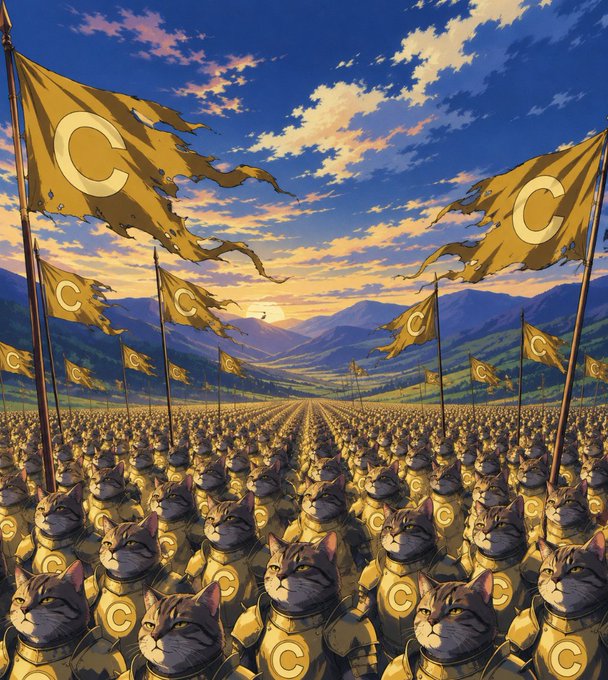 A fantasy-style digital illustration of a massive army of cats wearing golden armor with 'C' emblems, standing in formation with large yellow 'C' flags against a sunset landscape.