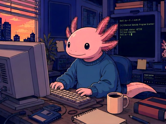 This image shows an axolotl working on a computer with a screen displaying "[+] Ethereum Subsidy Program Grantee!". This illustrates the grant awarded by the Ethereum Foundation/Ethereum Subsidy Program to Axol.io.