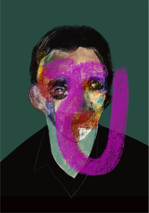A stylized portrait artwork features a man's face painted in vibrant pink, purple, and multicolored brushstrokes against a dark green background.