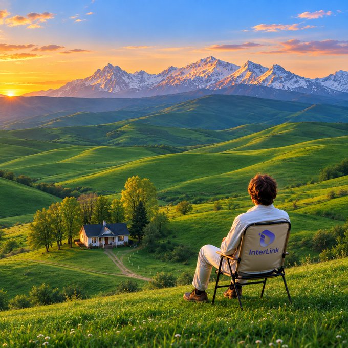 A person sits in a chair branded with the "InterLink" logo, overlooking a scenic landscape with rolling green hills, a small house, and snow-capped mountains at sunset.
