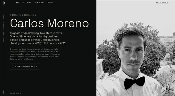 The image is a screenshot of the homepage of carlosmoreno.io, featuring a portrait of Carlos Moreno in a tuxedo alongside a bio describing him as an "Operator & Dealmaker" with "15 years of dealmaking" and "Two startup exits," thanking @0xMav for building the site.