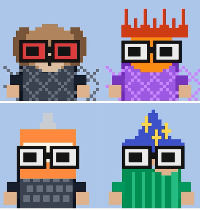 Four pixel-art characters wearing glasses, each with distinct headwear (bear ears, red crown, orange cap, blue wizard hat) and clothing in a 2x2 grid layout.