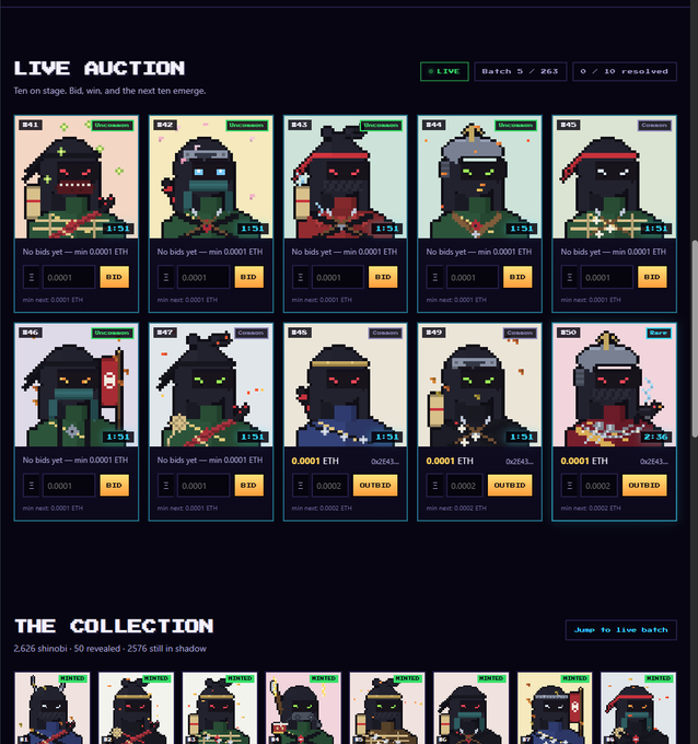 The image depicts a "LIVE AUCTION" page for "Shinobi" NFTs on rhninjas.shop, showing Batch 5/263 with ten samurai-style pixel art ninja cards (numbered #41-#50) available for bidding at a minimum of 0.0001 ETH, alongside "The Collection" displaying 2,626 shinobi with 50 revealed. The auction interface shows "1:51" timers on each card, with bids currently at "0.0001 ETH" or "OUTBID" status, matching the post's description of a paid-mint NFT auction waiting for more participants.