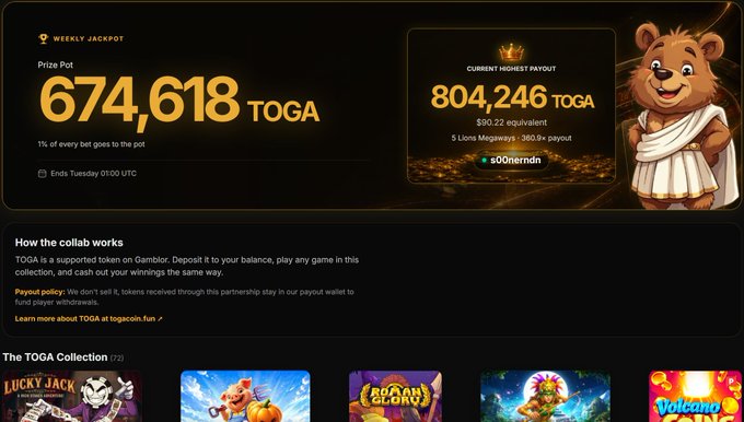 A gambling platform page showing a Weekly Jackpot of 674,618 TOGA and Current Highest Payout of 804,246 TOGA ($90.22 equivalent) won by s00nerndn, featuring a bear mascot and the TOGA Collection of games.