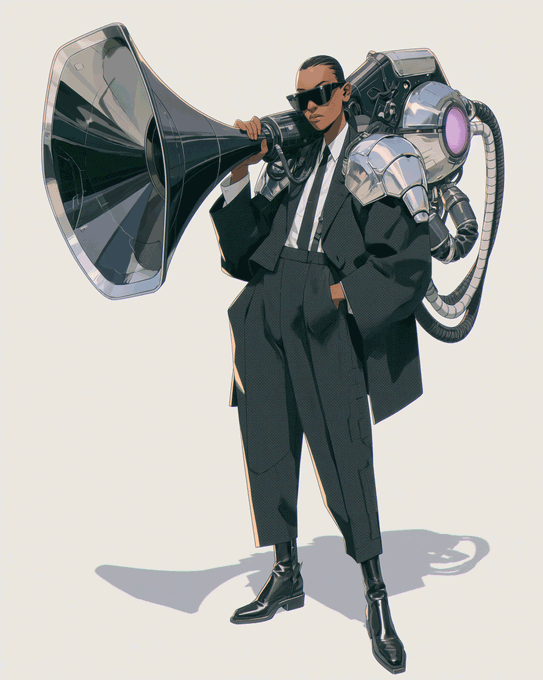 The image features a man dressed in a suit, holding a large horn or megaphone. He appears to be wearing sunglasses as well. The man's attire suggests that he might be a character from a video game or comic book series, given his outfit and the presence of a weapon. The post reads "big weapon", which could indicate that this image is related to a story involving a powerful or formidable opponent in some form of media.