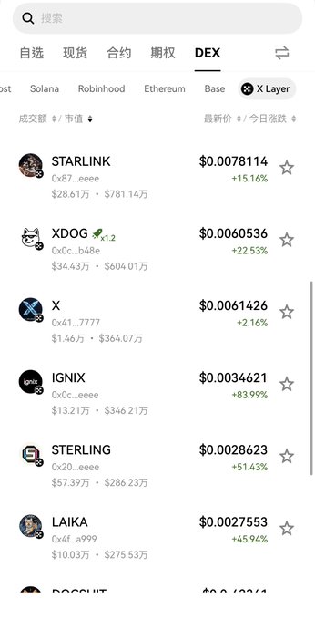 A mobile screenshot of a DEX trading interface showing various cryptocurrency pairs on the 'X Layer' network, including STARLINK ($0.0078114, +15.16%), XDOG ($0.0060536, +22.53%), and X ($0.0061426, +2.16%).