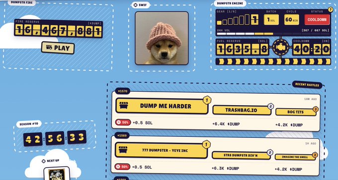 A dashboard interface titled "DUMPSTA ENGINE" displays various stats including "GEAR 1/1", "CYCLE 1 MIN", "STATUS COOLDOWN", "FUEL RESERVE 40.20", and lists recent battles like "DUMP ME HARDER" and "777 DUMPSTER - YEYE INC".