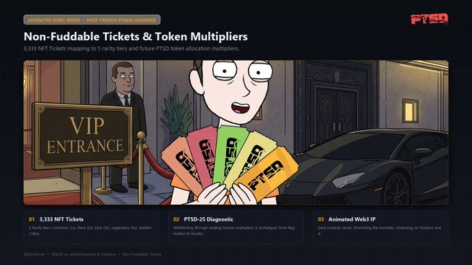 A promotional webpage for 'PTSD' featuring an animated character holding 'PTSD' tickets near a VIP Entrance and a black car, with text about 'Non-Fundable Tickets & Token Multipliers', '3,333 NFT Tickets', 'PTSD-25 Diagnostic', and 'Animated Web3 IP'.