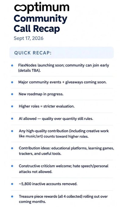 An 'Optimum Community Call Recap' dated Sept 17, 2026, listing bullet points about FlexNodes, community events, a new roadmap, role evaluations, AI usage, and rewards.