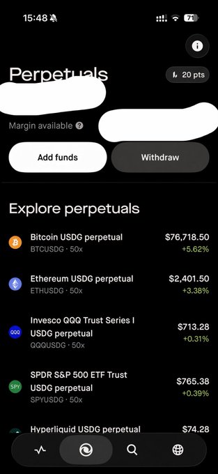 A screenshot from the Robinhood wallet app showing a "Perpetuals" portfolio with 20 points displayed in the top right, alongside listed perpetual contracts including Bitcoin USDG (BTCUSDG at $76,718.50, +5.62%), Ethereum USDG (ETHUSDG at $2,401.50, +3.38%), Invesco QQQ Trust (QQQUSDG at $713.28), and SPDR S&P 500 ETF Trust (SPYUSDG at $765.38). The 20 points shown matches the poster's claim of "I have 20" Lighter points, which they are sharing as part of a $LIT giveaway promotion.