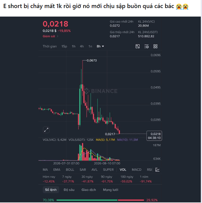 A Binance chart shows the VIC/USDT token plunging from a spike near 0.0673 down to 0.0218 (a 91.74% one-year decline), with the Vietnamese caption lamenting a short position that got squeezed on the rally before VIC collapsed nearly 97%—a painful reminder of how getting stopped out right before a massive drop is the cruelest fate for a trader.