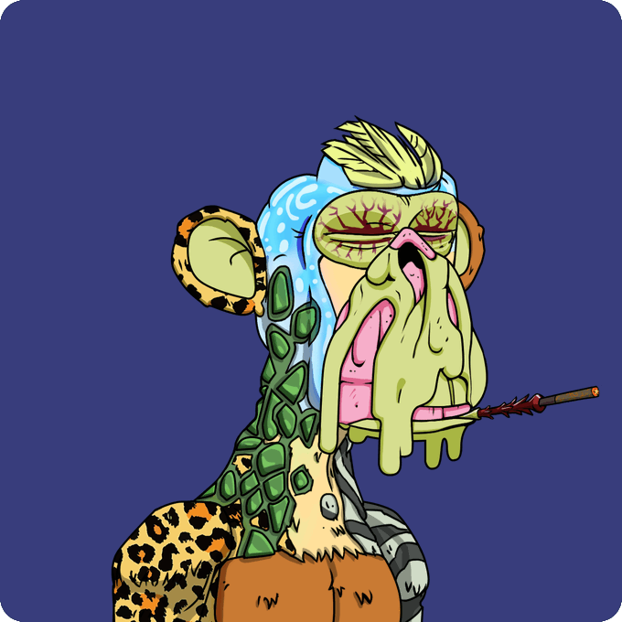 A psychedelic cartoon illustration of a grotesque humanoid face with bloodshot eyes, melting green/yellow features, and an exposed skull-like mouth, set against a dark blue background with leopard print elements.