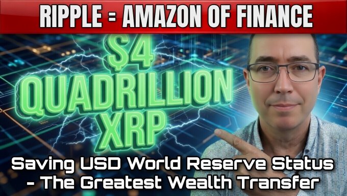 The image features a man wearing glasses, pointing at something with his finger. The background of the image has a blue grid pattern that includes text related to quadrillion and Ripple. The main focus of the image is the man's hand gesture, which seems to be directing towards the text on the image.