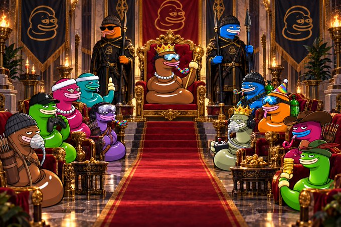 A whimsical illustration of cartoon turd characters arranged in a royal court scene, with one crowned character on a throne wearing sunglasses and holding a scepter, while others in crowns and hats surround the throne in a grand hall.