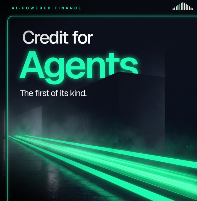 The image is a sleek promotional graphic for "AI-Powered Finance" featuring bold text that reads "Credit for Agents — The first of its kind," set against a dark background with vibrant green neon light trails. This visual ties into the post's theme of Agentics Credit providing AI agents with autonomous financial capital bounded by risk controls, metaphorically represented by the glowing "cage" of light confining the otherwise free-flowing beams.
