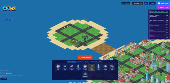 The image displays a city-building game interface showing various elements of gameplay, such as the layout of the island with houses or buildings scattered across its surface and a road leading up to it. The text suggests that players can start their journey by constructing homes on this land and growing businesses within the city. As they progress, they will be able to complete quests and participate in the growing CITI economy. It's clear that the image is not directly related to the post about the game but serves as a visual representation of the gameplay experience offered by "CITIX".