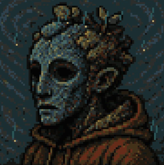 A dark, pixel art style illustration of a skeletal alien-like figure with antlers and an elongated face against a starry night sky background.