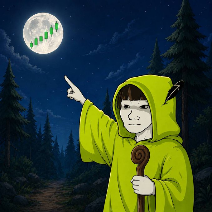 A hooded figure points at a full moon overlaid with a green candlestick chart showing an upward trend, set in a nighttime forest. The image visually reinforces the post's message of an imminent price pump, with the rising chart against the moon symbolizing the bullish "ride" approaching on the horizon.
