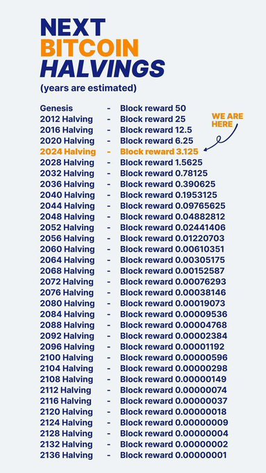 An infographic titled "Next Bitcoin Halvings" lists projected halving events from Genesis through 2136, showing block rewards decreasing by half each cycle from 50 down to 0.00000001, with "2024 Halving - Block reward 3.125" highlighted in orange and marked "WE ARE HERE," visually illustrating that Bitcoin has 32 total halvings with only four having occurred so far.