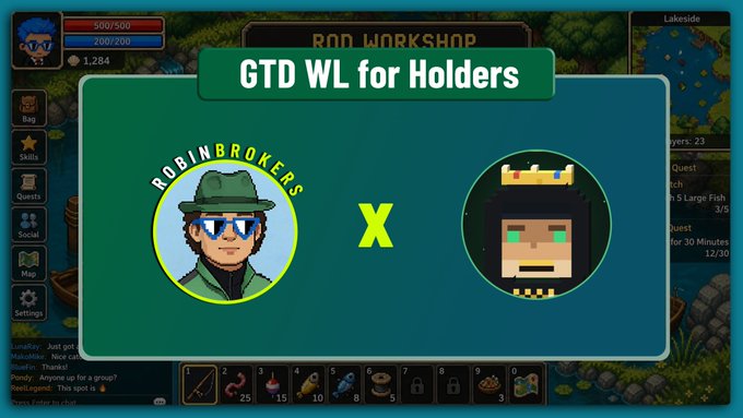 The image is a promotional banner reading "GTD WL for Holders" featuring the "RobinBrokers" logo alongside a pixel art character with a crown, representing the @StackersXYZ NFT collection. It serves as a visual announcement that all Stackers holders are guaranteed whitelist spots for the RobinBrokers NFT mint.